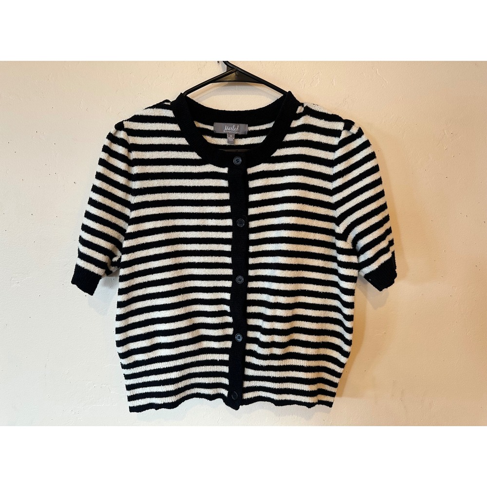 Marled Reunited Clothing Striped Short Sleeve Cardigan Sweater Black White M